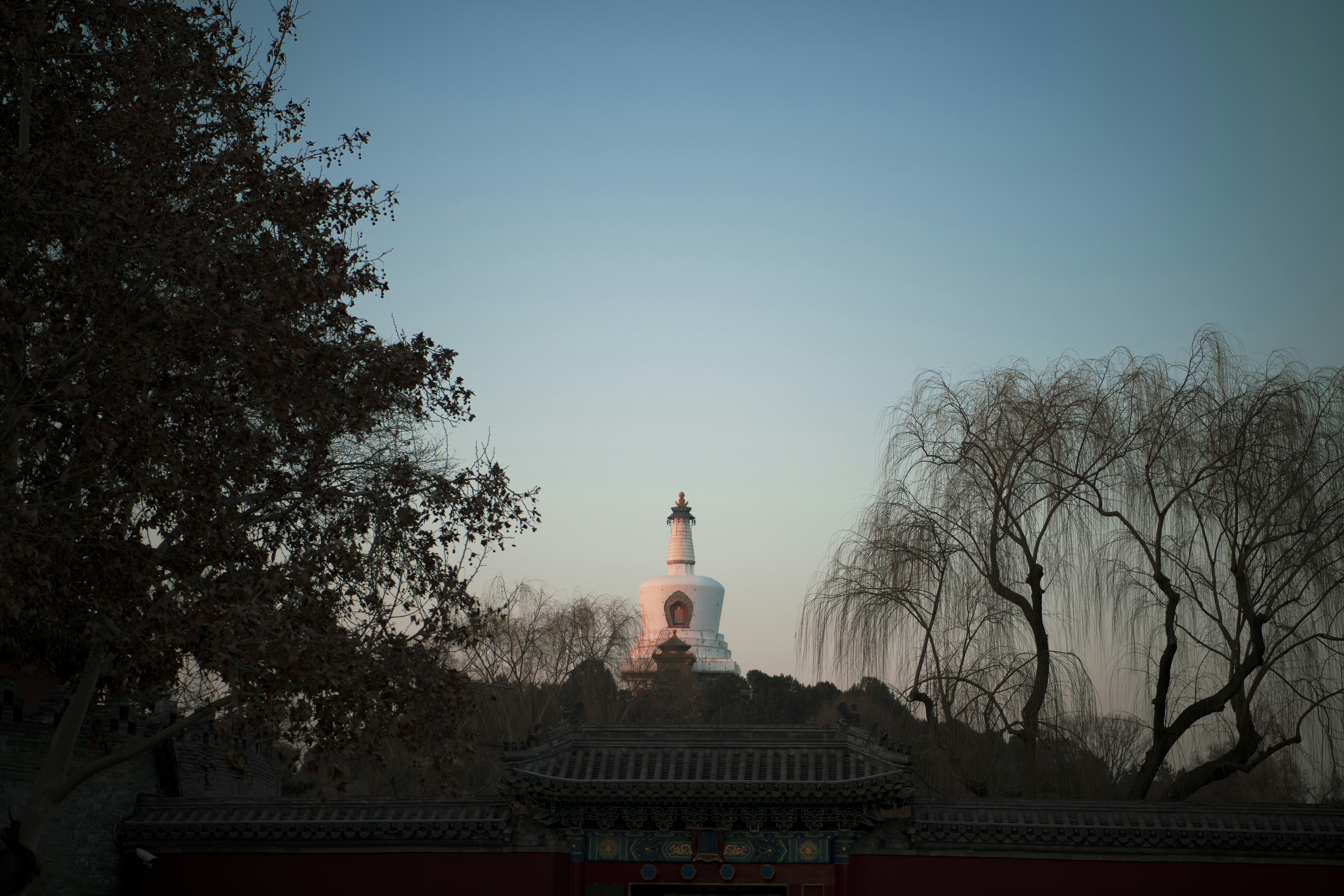 Bâtiment en béton blanc et rouge près d’arbres verts sous un ciel bleu pendant la journée