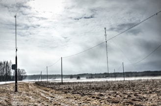 A rural landscape with tall communication poles and wires stretching across an open field. The ground is covered with dry, straw-like grass. There is a misty, foggy layer in the background, creating a hazy appearance. Trees are visible along the horizon, with an overcast sky adding a moody atmosphere.