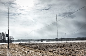 A rural landscape with tall communication poles and wires stretching across an open field. The ground is covered with dry, straw-like grass. There is a misty, foggy layer in the background, creating a hazy appearance. Trees are visible along the horizon, with an overcast sky adding a moody atmosphere.