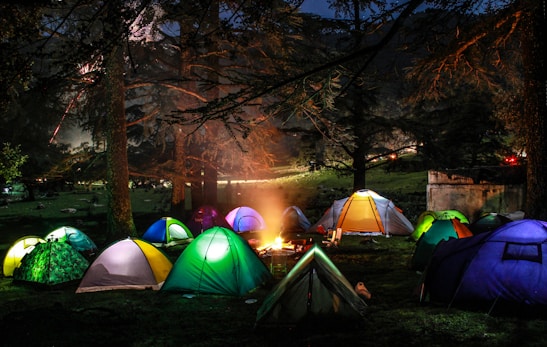 Multiple colorful tents are pitched in a forested area at night, surrounding a glowing campfire. The trees are tall and dense, creating a canopy above. Soft light from the fire illuminates the tents, creating a cozy and communal atmosphere. Shadows play across the forest floor, and a hint of moonlight or distant lights can be seen through the trees.