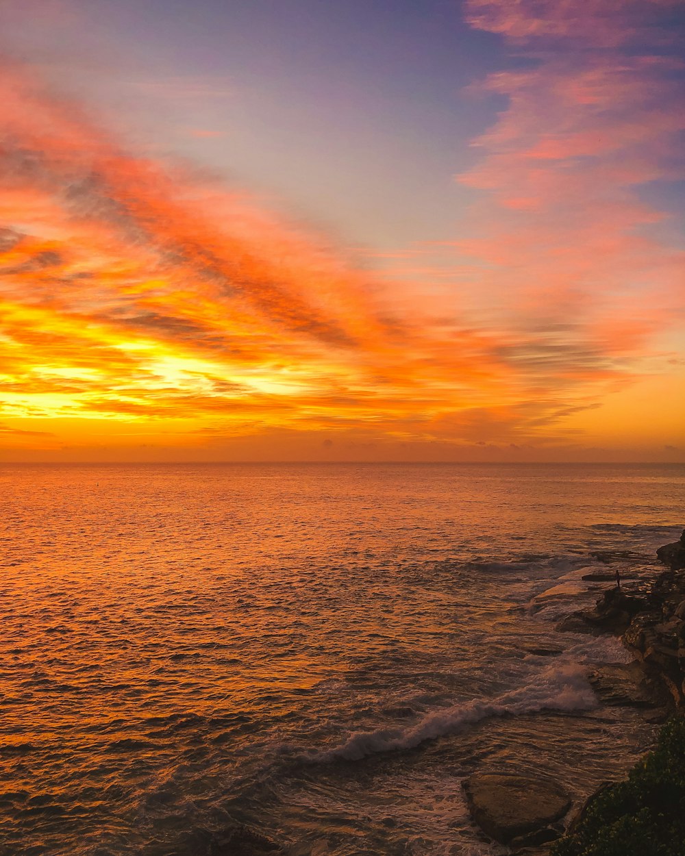 body of water during sunset