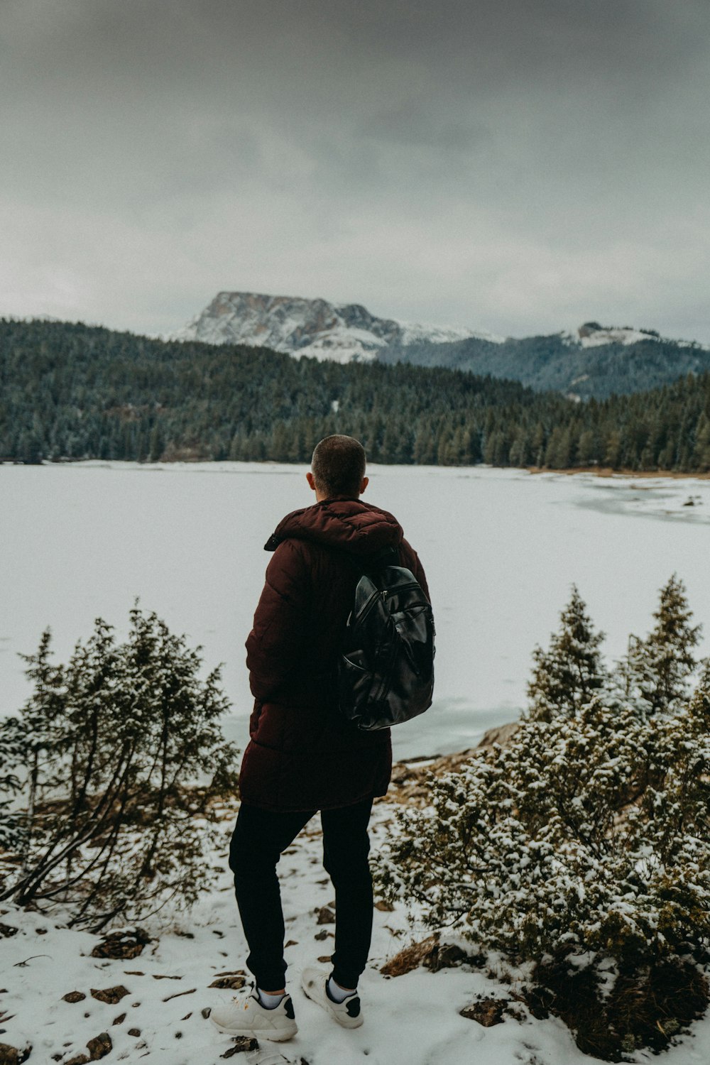 person in red and black jacket standing near lake during daytime