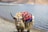 A decorated yak stands on the rocky shore of a tranquil lake with mountains in the background. The yak is adorned with an intricately patterned red and blue textile.