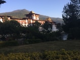 A vibrant Bhutanese monastery perched on a lush green hillside under a clear blue sky.