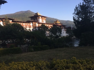 A large, traditional Bhutanese fortress or monastery is surrounded by lush greenery with a backdrop of a mountain. The structure features intricate woodwork and a tiered roof with a combination of whitewashed walls and dark wood accents. The scene is set during the day under a clear blue sky.