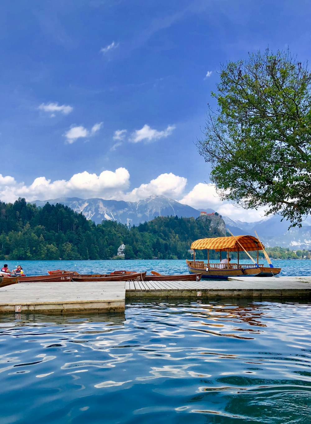 brown wooden dock on lake near green mountain under blue sky and white clouds during daytime