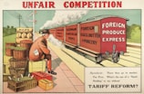 A railway scene depicting a freight train labeled 'Foreign Produce Express' carrying goods like 'Foreign Fruit', 'Chicago Meat Trust', 'German & American Hops', and 'Foreign Eggs, Butter & Poultry'. A man, wearing a suit and bowler hat with a paper that says 'Rate on Demand', sits on crates beside baskets labeled 'Hops' and 'Eggs'. A signpost with 'Foreign' and 'English' highlights economic themes. The caption below the image reads: 'Agriculturist: There they go to market, Tax Free. What’s the use of a “Small Holding” to me without Tariff Reform?'