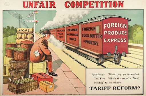 A railway scene depicting a freight train labeled 'Foreign Produce Express' carrying goods like 'Foreign Fruit', 'Chicago Meat Trust', 'German & American Hops', and 'Foreign Eggs, Butter & Poultry'. A man, wearing a suit and bowler hat with a paper that says 'Rate on Demand', sits on crates beside baskets labeled 'Hops' and 'Eggs'. A signpost with 'Foreign' and 'English' highlights economic themes. The caption below the image reads: 'Agriculturist: There they go to market, Tax Free. What’s the use of a “Small Holding” to me without Tariff Reform?'