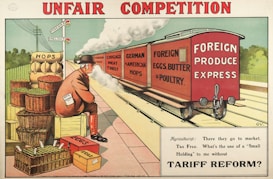 A railway scene depicting a freight train labeled 'Foreign Produce Express' carrying goods like 'Foreign Fruit', 'Chicago Meat Trust', 'German & American Hops', and 'Foreign Eggs, Butter & Poultry'. A man, wearing a suit and bowler hat with a paper that says 'Rate on Demand', sits on crates beside baskets labeled 'Hops' and 'Eggs'. A signpost with 'Foreign' and 'English' highlights economic themes. The caption below the image reads: 'Agriculturist: There they go to market, Tax Free. What&rsquo;s the use of a &ldquo;Small Holding&rdquo; to me without Tariff Reform?'