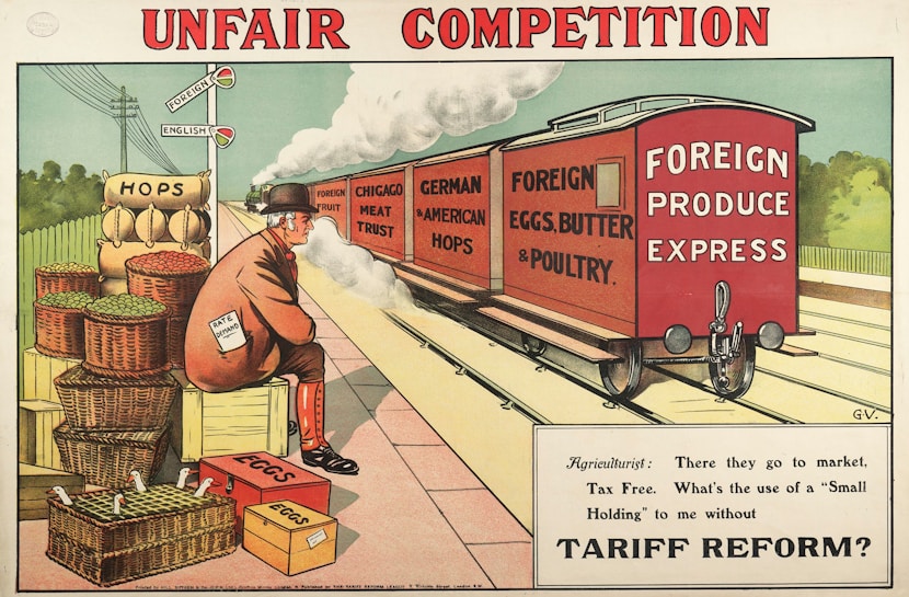 A railway scene depicting a freight train labeled 'Foreign Produce Express' carrying goods like 'Foreign Fruit', 'Chicago Meat Trust', 'German & American Hops', and 'Foreign Eggs, Butter & Poultry'. A man, wearing a suit and bowler hat with a paper that says 'Rate on Demand', sits on crates beside baskets labeled 'Hops' and 'Eggs'. A signpost with 'Foreign' and 'English' highlights economic themes. The caption below the image reads: 'Agriculturist: There they go to market, Tax Free. What&rsquo;s the use of a &ldquo;Small Holding&rdquo; to me without Tariff Reform?'