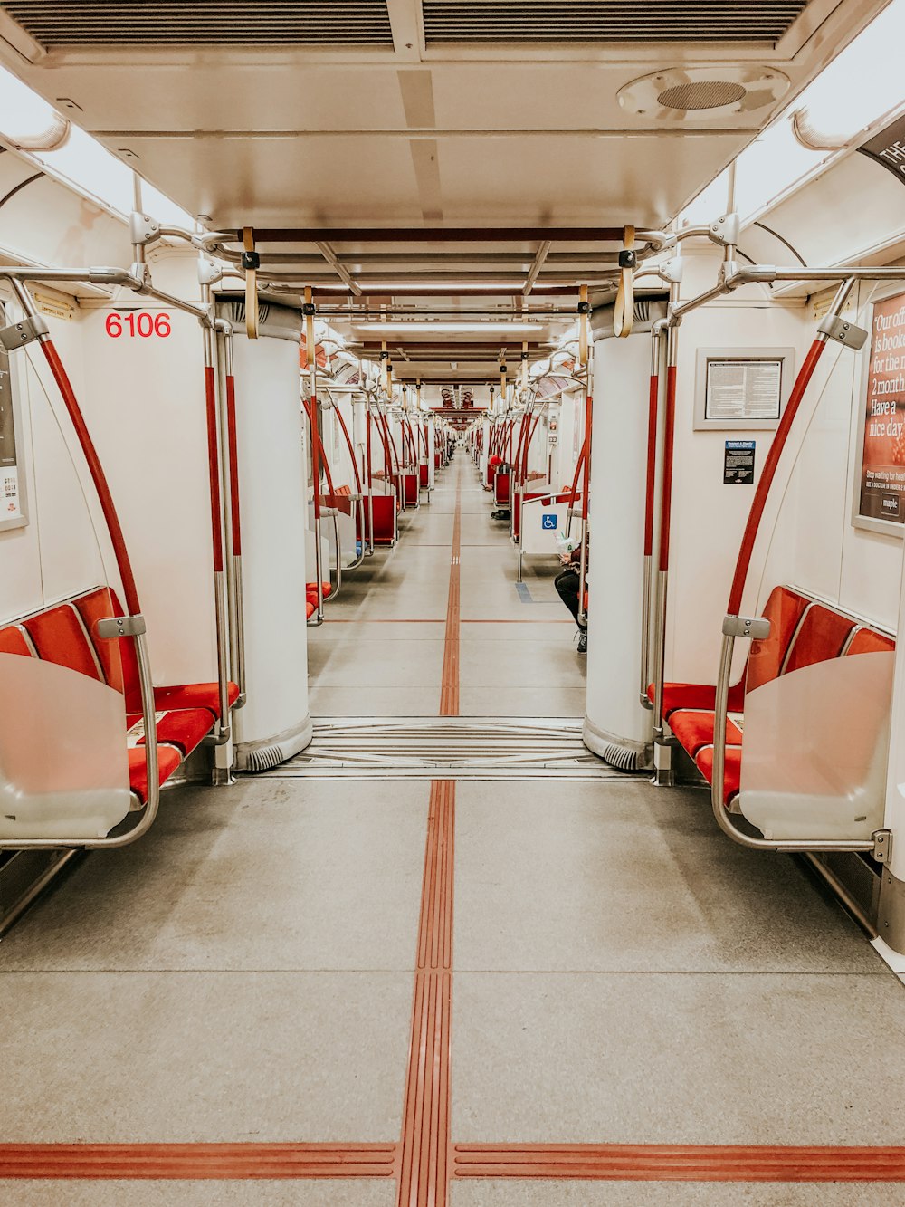 red and white train interior