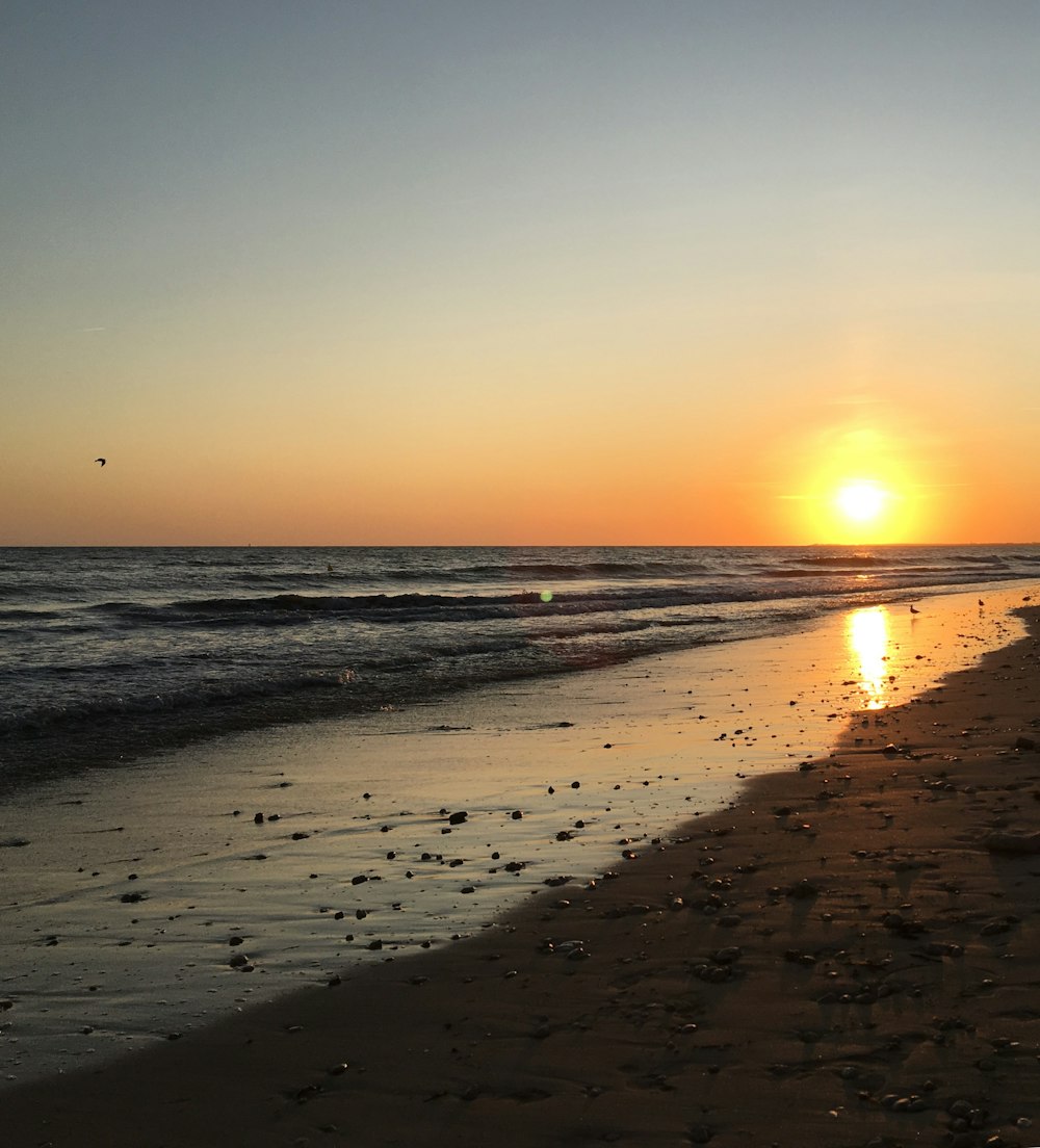 sea waves crashing on shore during sunset