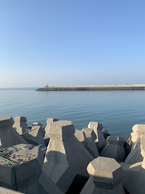 Concrete breakwaters or tetrapods are positioned along the coast to prevent erosion and break the force of waves. The calm sea extends towards the horizon under a clear blue sky.