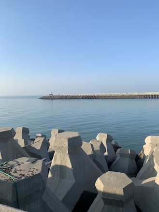 Concrete breakwaters or tetrapods are positioned along the coast to prevent erosion and break the force of waves. The calm sea extends towards the horizon under a clear blue sky.