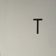 A minimalistic composition featuring a single uppercase black letter 'T' centered against a plain, light-colored wall.