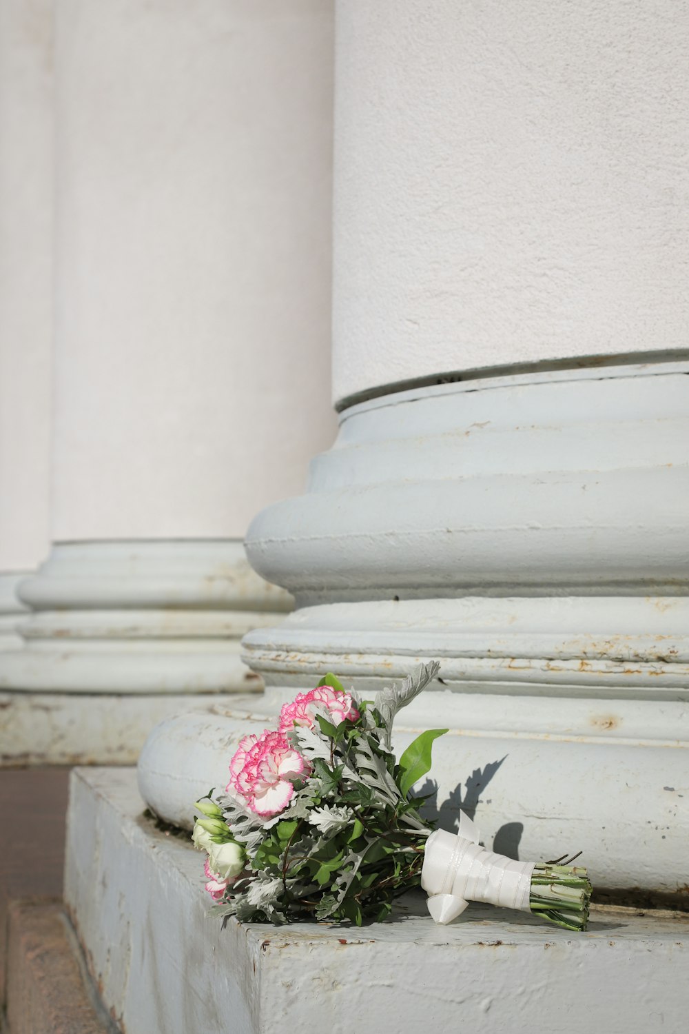 red and white flowers on white concrete pillar