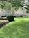 A well-maintained garden with lush green grass, neatly trimmed hedges, and a variety of flowering plants. The backdrop consists of a stone and stucco building facade, with several multi-paned windows. Overhanging tree branches cast dappled shadows across the lawn.