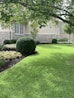 A well-maintained garden with lush green grass, neatly trimmed hedges, and a variety of flowering plants. The backdrop consists of a stone and stucco building facade, with several multi-paned windows. Overhanging tree branches cast dappled shadows across the lawn.