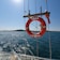 A bright red lifebuoy with white accents is hanging on the side of a boat, with a calm blue sea and a distant landmass under a clear sky in the background. The lifebuoy is secured by ropes and has the words 'AZAK' and 'L. AYVALIK' inscribed on it.