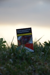 A cigarette package with a health warning text in German, placed upright on the grass. The packaging features graphic imagery related to health consequences and is partially surrounded by blades of grass under a cloudy sky.