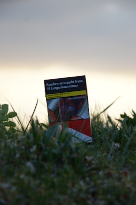 A cigarette package with a health warning text in German, placed upright on the grass. The packaging features graphic imagery related to health consequences and is partially surrounded by blades of grass under a cloudy sky.