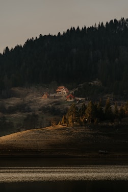 Several cabins with pitched roofs are nestled on a hillside surrounded by dense forest. The area is bathed in soft, warm sunlight, creating a tranquil and secluded atmosphere. A lake reflects the light, adding to the serene setting.