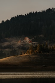 Several cabins with pitched roofs are nestled on a hillside surrounded by dense forest. The area is bathed in soft, warm sunlight, creating a tranquil and secluded atmosphere. A lake reflects the light, adding to the serene setting.