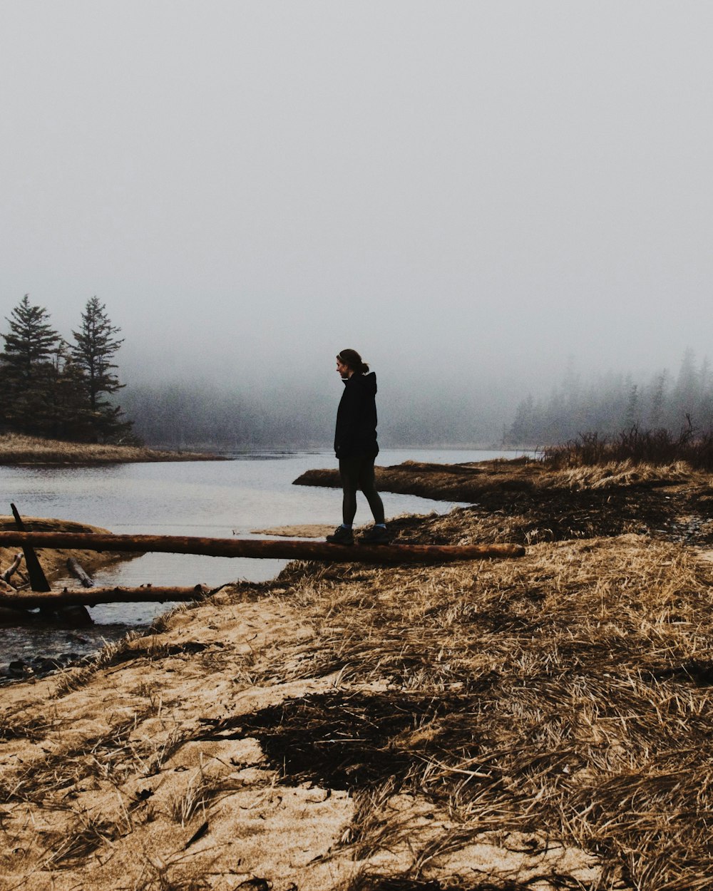 man in black jacket standing on brown wooden log on lake during daytime