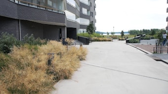 An outdoor area featuring a modern building with dark brick walls, surrounded by landscaped greenery and grasses. A bicycle is parked near the entrance, and a wide pathway leads toward a distant view of water and trees. Several people are visible in the background, near benches and light poles.