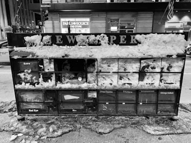 A row of newspaper vending machines covered in snow is situated on a city street. The machines are labeled with names like Extra, Chicago Dispatcher, and Red Eye. Much of the snow remains on top and around the machines as well as on the ground. The surrounding area has buildings, streetlights, and faint reflections of light indicating a city environment.