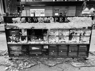 A row of newspaper vending machines covered in snow is situated on a city street. The machines are labeled with names like Extra, Chicago Dispatcher, and Red Eye. Much of the snow remains on top and around the machines as well as on the ground. The surrounding area has buildings, streetlights, and faint reflections of light indicating a city environment.