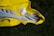 A bright yellow raincoat lies on grass, with a white face mask positioned on top of it. The raincoat is spread out, showing its inside lining, and the grass provides a contrasting natural background.