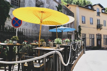 An outdoor caf&eacute; or restaurant area with large colorful umbrellas providing shade over tables. Potted plants are placed as decorations on the tables and along the barrier. A no-parking sign is visible next to the area, which is bordered by a decorative rope fence. The background includes an old building with a slightly weathered facade, ivy-covered walls, and windows with small balconies.