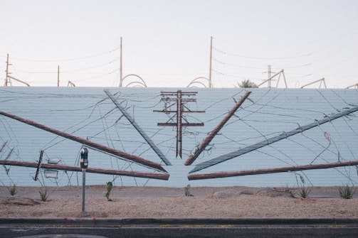A mural on a brick wall depicts an artistic scene of power lines and poles converging, creating a sense of connection and structure. The mural is painted with a realistic approach, making the scene blend with the environment. In the foreground, a parking meter stands on a sidewalk lined with desert plants, adding a touch of urban life to the otherwise abstract depiction.