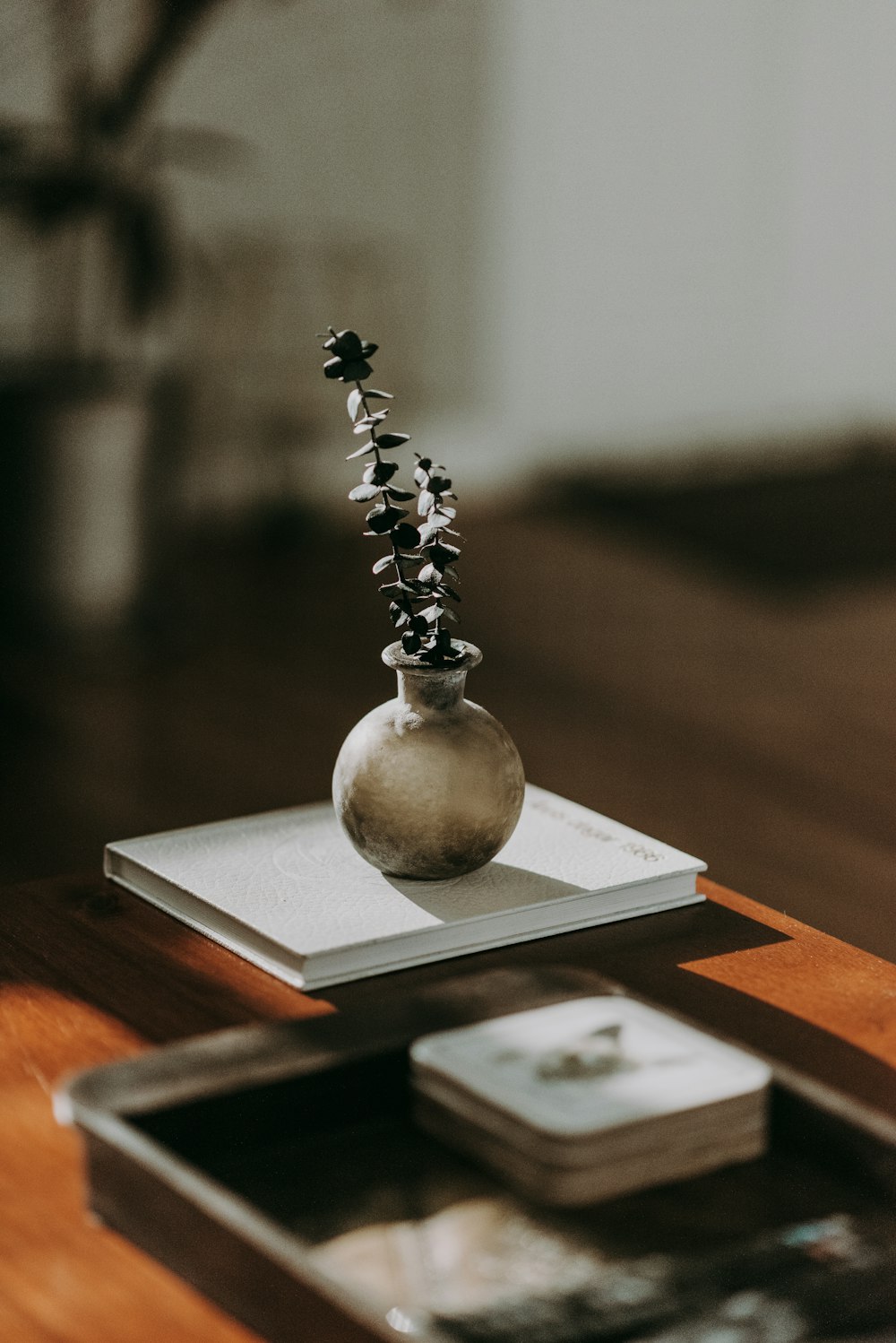 silver and black christmas tree ornament on white book page