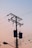 A utility pole with multiple wires and cylindrical transformers is silhouetted against a gradient sky. The surrounding cables are slightly tangled, and a street lamp is visible at the bottom left corner. The overall scene suggests early morning or late evening due to the soft pastel colors in the sky.