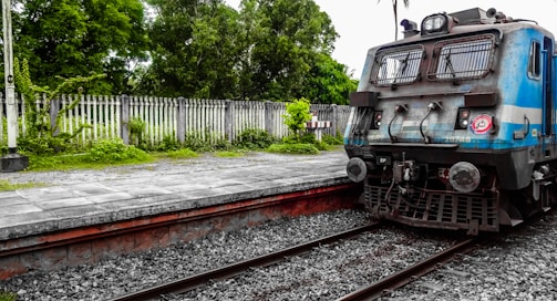 A blue and black train is stationed on railway tracks beside a small platform with a concrete surface. The background features a high wooden fence with tall green trees and dense foliage. The setting appears to be a rural or suburban railway station.