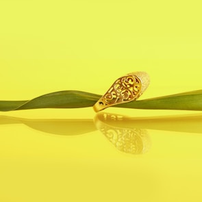 A wedding band resting on deep green leaves, showcasing earthy gold tones in natural light.