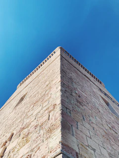 A sturdy brick wall freshly built by skilled masons under a bright blue sky.