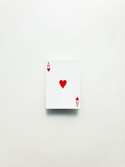 A single playing card with a white background. The card is the ace of hearts with a red heart symbol at the center and red letter A in the corners.