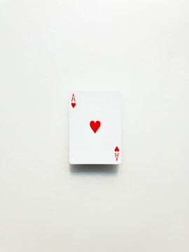 A single playing card with a white background. The card is the ace of hearts with a red heart symbol at the center and red letter A in the corners.