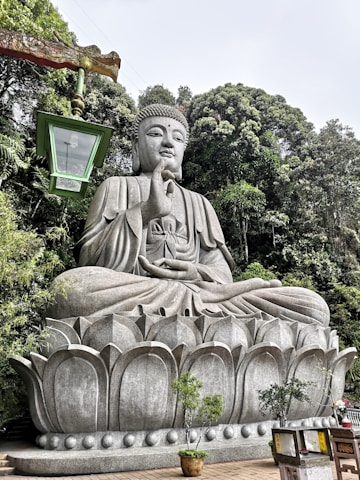 A large stone Buddha statue sits cross-legged on a lotus pedestal surrounded by lush green trees. The statue has a serene expression and one hand raised in a gesture. A green lantern is positioned to the left of the statue, contributing to the tranquil atmosphere.