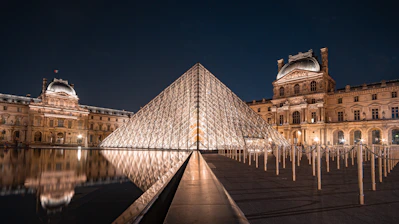 The illuminated Louvre Pyramid reflecting in a pool at night in Paris