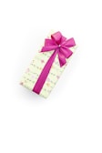 A rectangular gift box is adorned with floral wrapping paper and tied with a vibrant pink ribbon and bow. The box is positioned diagonally against a white background.
