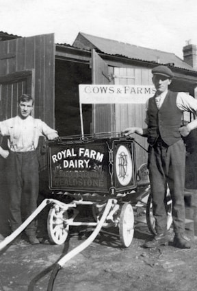 Two men stand beside a vintage milk cart labeled 'Royal Farm Dairy' with ornate design work. One man is dressed in a shirt with suspenders, while the other wears a vest and cap. The setting appears to be a farm with wooden structures and a sign reading 'Cows & Farms'. The image is in black and white, suggesting it is from an earlier era.