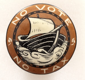 An intentionally pixelated image of a vintage campaign button with 'rm brownstains' in faded colors.