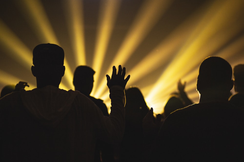 silhouette of people raising hands