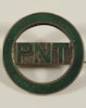 a green and gold pin with the word pint on it