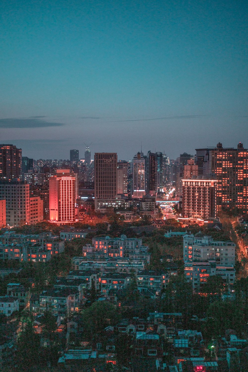 city skyline during night time