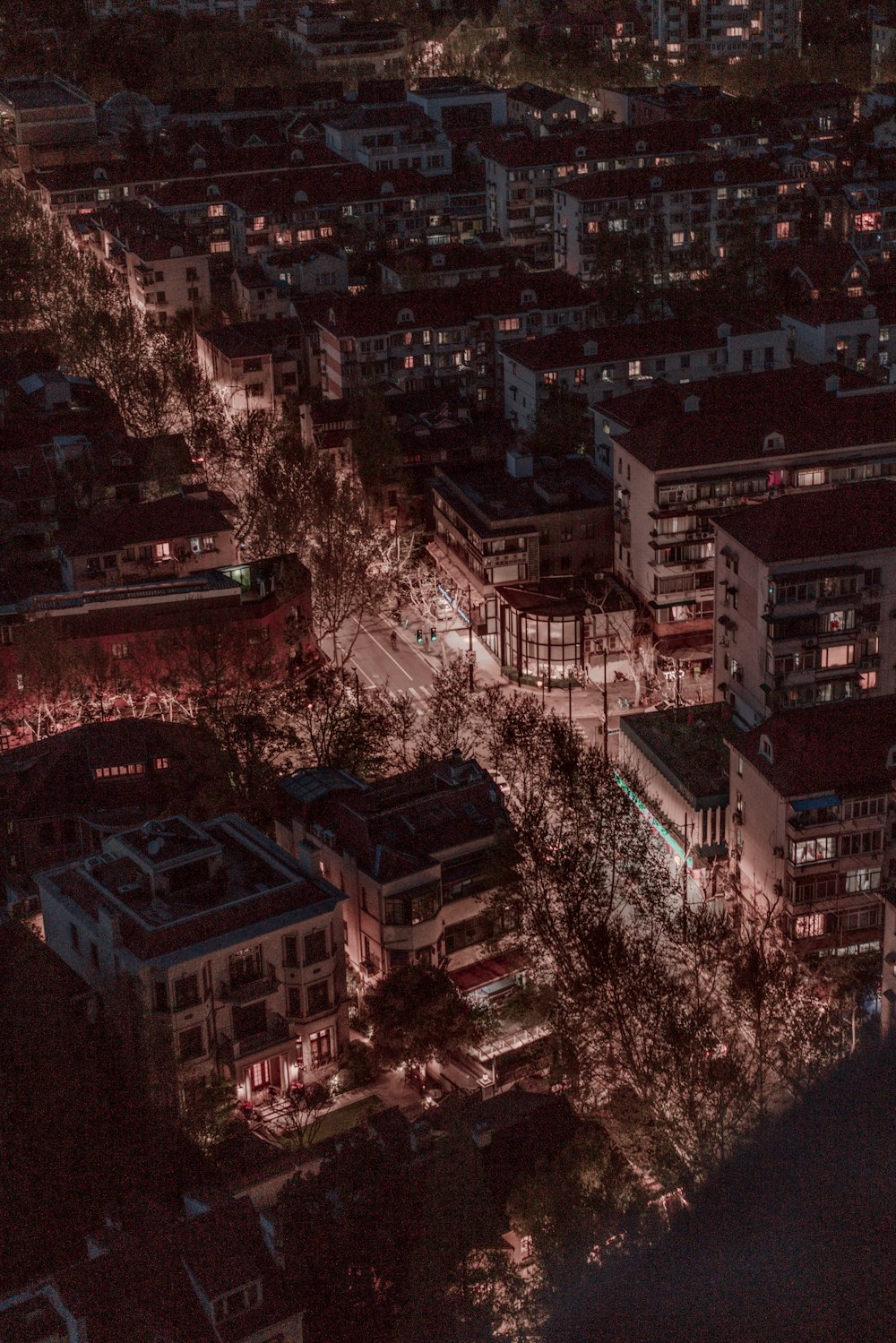 aerial view of city buildings during night time